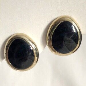 Oval Clip On Statement Earrings Black & Gold Tone
